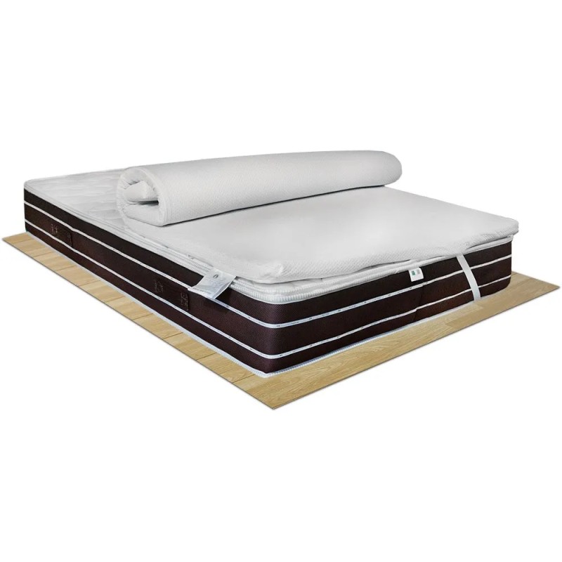 Topper memory fresh blu piazza e mezza arrotolato su materasso